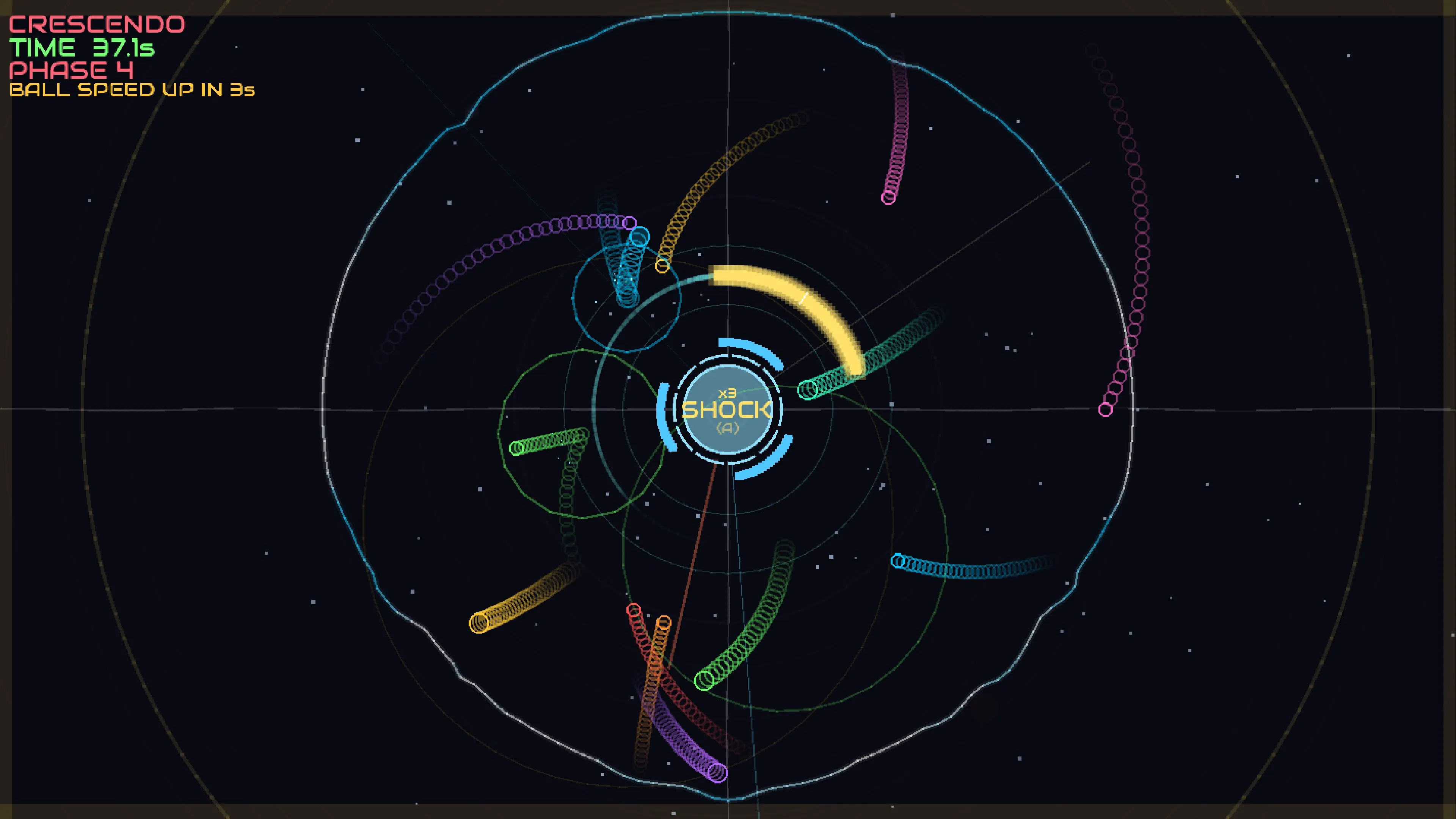 Crescendo phase 4: the arena filled with colorful projectile spirals