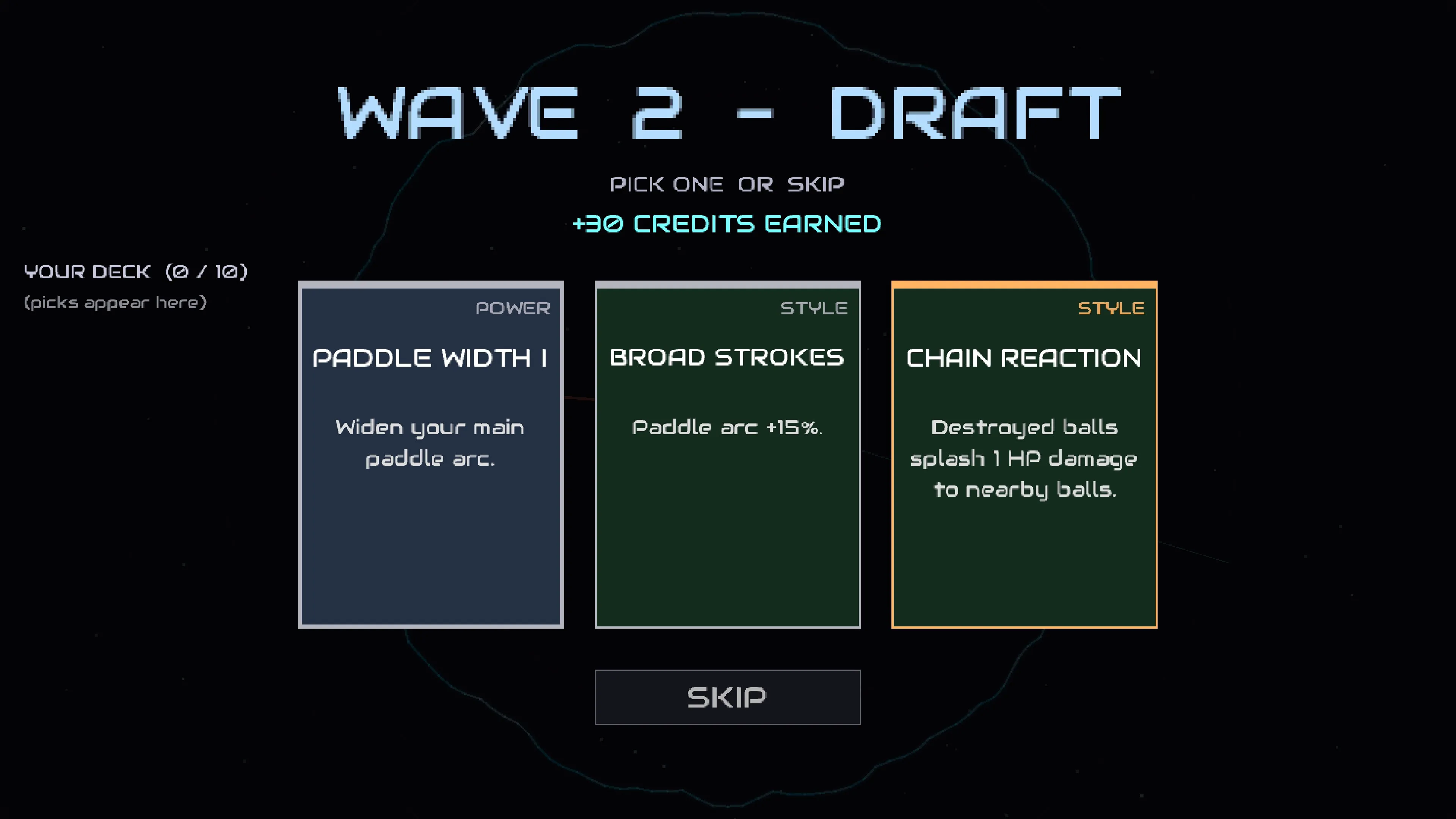 Between waves: draft one of three upgrade cards for your deck