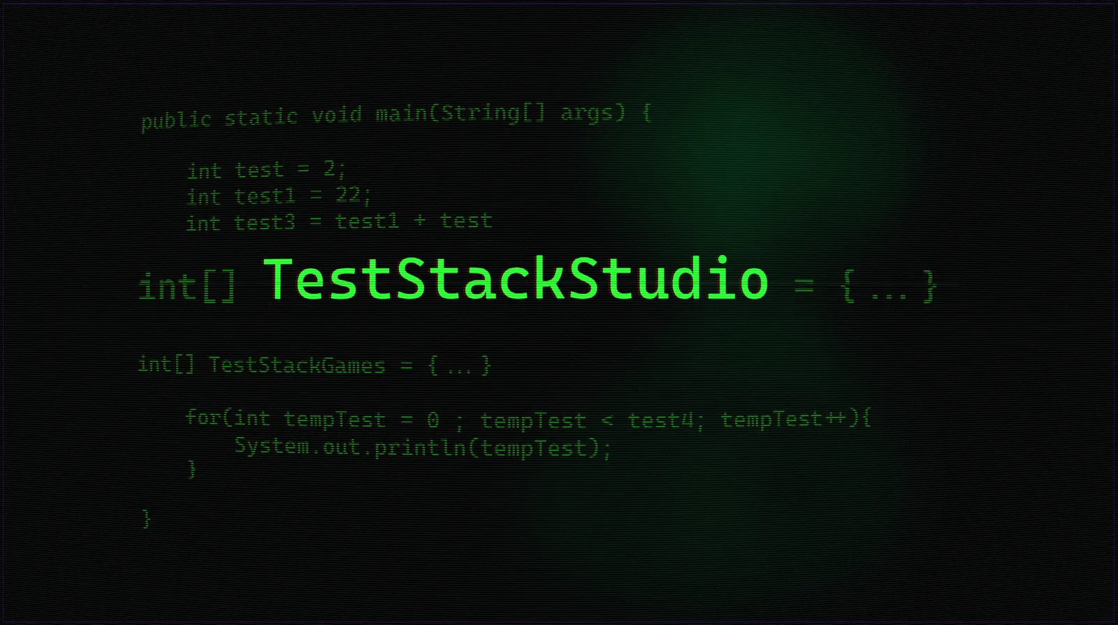 Test Stack Studio splash screen: green terminal code declaring int[] TestStackStudio = { ... }